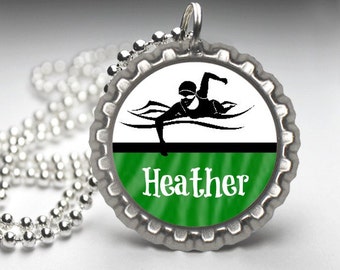 1 Personalized Hunter Green Swim Bottlecap Necklace GLITTER or Plain swim team gifts, swim team, swimmer gift, swim, swimming, swim necklace