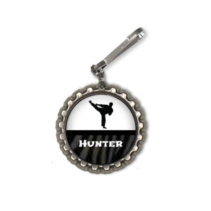 1 Personalized Martial Arts Bottlecap Zipper Pull Party Favor GLITTER or Plain Male or Female 16 colors karate class class gift black belt