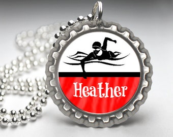 1 Personalized Red Swim Bottlecap Necklace You CHOOSE Color swim team gifts, swim team, swimmer gift, swim, swimming, swim necklace