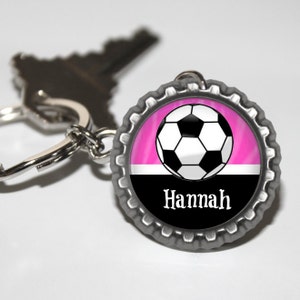 1 Personalized Hot Pink Soccer bottlecap keychain 15 COLORS Plain or Glitter Soccor Soccer gift idea soccer mom gifts high school varsity jv
