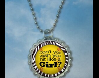 1 Dont you wish you hit like a girl Softball Bottlecap Necklace,GLITTER or Plain, softball, softball team, softball gift, softball necklaces