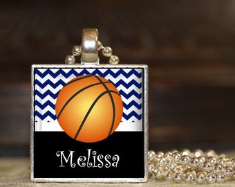 1 Personalized Navy Blue Chevron Basketball Pendant Necklace 15 color choices varsity high school JV coach gifts necklace team gift travel