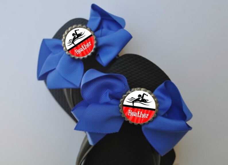 Personalized Black /& Green Swim flip flop bows Choose colors swimming gift shoe sandal slides varsity high school jv middle school team gift