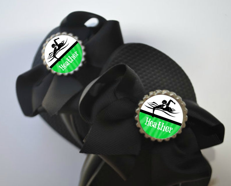 Personalized Black /& Green Swim flip flop bows Choose colors swimming gift shoe sandal slides varsity high school jv middle school team gift