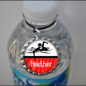 1 Personalized Red Swim Water Bottle Tags, 15 color choices, swim gifts, swim gift, swimming tags, swim team gift, swimming gifts