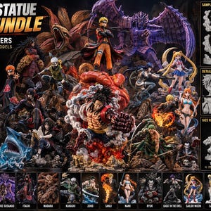 Puede incluir: Un gráfico promocional digital para un paquete de archivos STL de estatuas de anime con más de 30 modelos de impresión 3D. La imagen muestra varias figuras coloridas, especificaciones técnicas, guías de montaje y referencias de escala 1/8, 1/6 y 1/4.