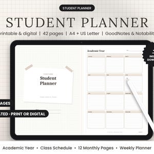 Peut inclure: Un planificateur étudiant numérique affiché sur un écran de tablette, présentant une page de couverture et une mise en page de calendrier académique. L'interface comprend un stylet blanc, un fond quadrillé et des textes comme Student Planner.