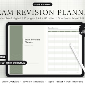 Puede incluir: Un planificador de revisión de exámenes sin fecha mostrado en una pantalla de tableta con un lápiz óptico blanco. El planificador presenta un esquema de color verde salvia y blanco, incluyendo una página de resumen con una cuadrícula. El texto incluye Exam Revision Planner, 18+ pages y instant download.