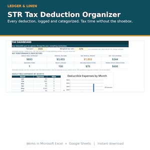 以下が含まれることがあります： LEDGER & LINEN STR Tax Deduction Organizerというタイトルのデジタル税務控除整理用スプレッドシート。ダッシュボードには2026年度の税務、主要業績評価指標、控除対象経費、賃貸収入、純利益、および棒グラフが表示されています。