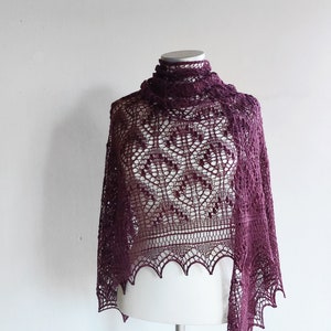 Hand knit plum merino lace shawl, mauve purple Haapsalu shawl, handknit triangular scarf, dark violet shawl, Princess Astrid pattern