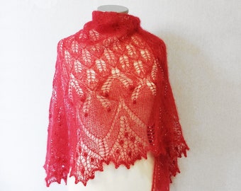 Red Lace Wedding Shawl, Beaded Mohair Bridal Stole, Handknit