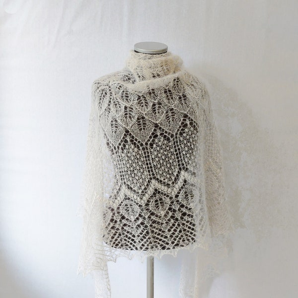 Kid-silk large lace shawl, handknit shawl, fluffy mohair wrap, very light beige/gray shawl, READY TO SHIP, Lace For You