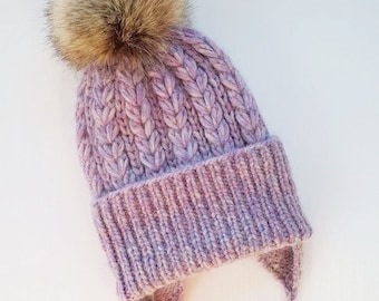 Warm toddler winter hat, handknit hat with faux fur pom, child's hat, baby woolly hat, purple winter hat