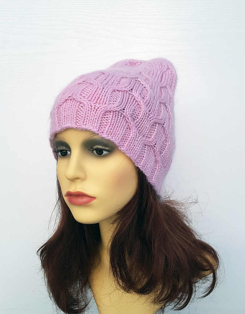 Knit Merino Hat, Pink Handmade Hat, Teens Knit Beanie, Merino Mohair ...