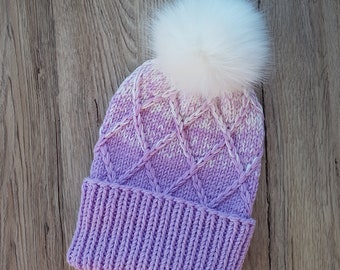 Merino knit hat, faux fur pom hat, teens or small head size womans hat, childs hat, winter bobble hat , woolly hat, purple and white hat