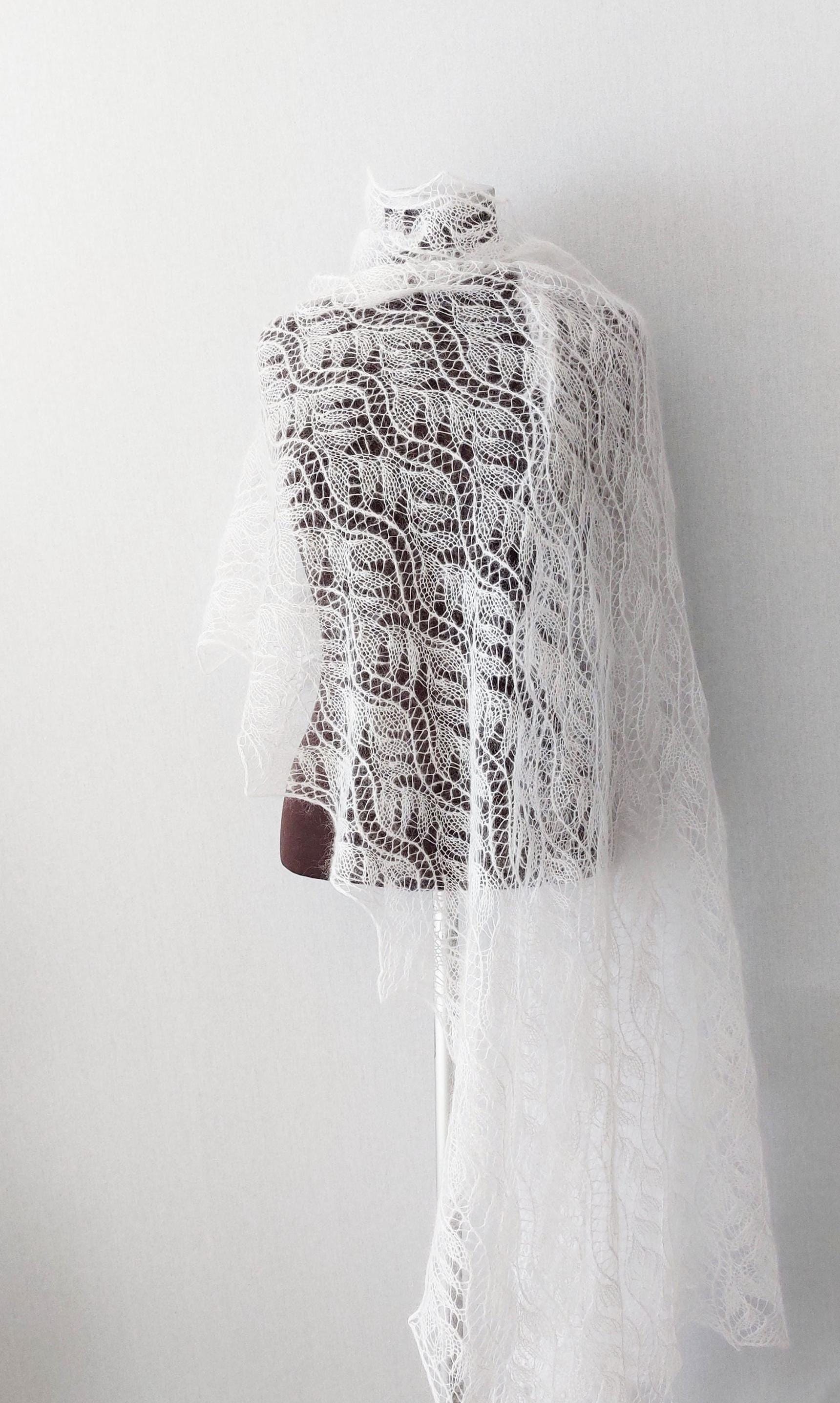 White mohair lace shawl, fluffy shawl, soft and warm mohair wrap, Estonian lace