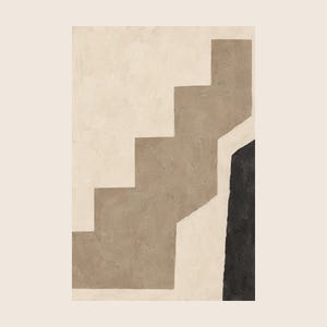 Puede incluir: Una impresión de arte mural rectangular que presenta una composición abstracta texturizada. El diseño muestra una forma escalonada en beige apagado sobre un fondo crema, con un bloque vertical negro sólido a lo largo del borde derecho.