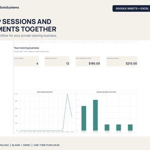 Può includere: Una dashboard digitale per aziende di tutoraggio intitolata ClearSoloSystems. Visualizza metriche come studenti attivi, sessioni e contanti incassati. Include un grafico a linee per i ricavi mensili e un grafico a barre per lo stato delle sessioni, compatibile con Google Sheets ed Excel.