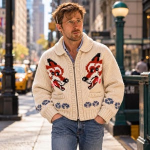 Project Hail Mary Sweater,Ryan Gosling Fox Cardigan Knit Sweater, Ivory Zip Up, Vintage Animal Sweater, Cozy, Gift for Him Her