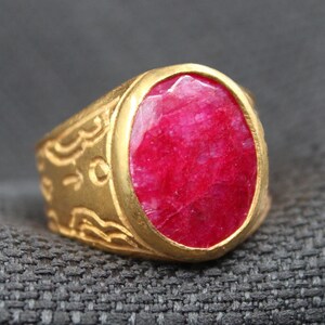 Ruby Signet Ring 22K Gold Plated Sterling Silver Oval Gemstone Statement Ring