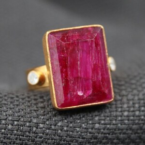 Ruby and White Topaz Ring 925 Sterling Silver 22K Gold Plated Handmade Ring