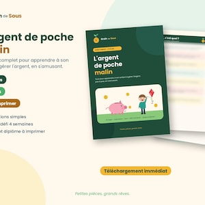 Peut inclure: Un guide numérique intitulé L'argent de poche malin avec une couverture vert foncé illustrée d'une tirelire rose et d'un enfant tenant un cerf-volant rouge. Le document comprend 20 pages, un format PDF imprimable, des jeux et un diplôme.