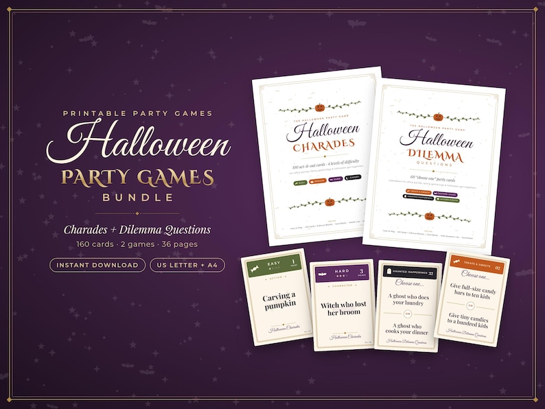 Halloween Party Games Bundle: Charades & Dilemma Questions (160 Cards ...