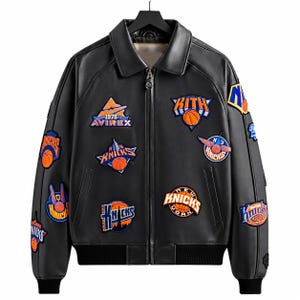 Chaqueta de cuero negra AVIREX, estilo bomber universitario de los New York Knicks de baloncesto, chaqueta urbana para hombre.