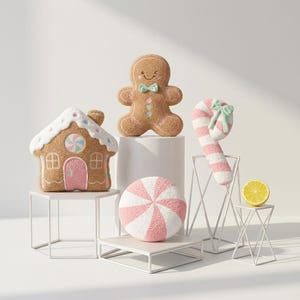 May include: A collection of plush decorative cushions including a brown gingerbread house with white icing, a brown gingerbread person with a mint bow, a round pink and white peppermint candy, and a pink and white striped candy cane with a bow.