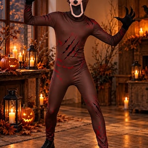 Peut inclure: Une combinaison intégrale marron ornée de griffures noires et d'accents rouges rappelant du sang, accompagnée d'un masque de cerf assorti aux grands yeux, à la bouche ouverte et aux bois noirs, portée avec des bottes et des gants noirs à griffes.