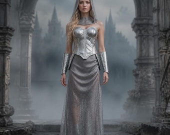 Conjunto de disfraz de armadura plateada de caballera medieval para cosplay y Halloween.