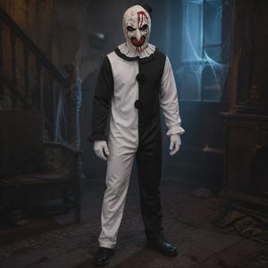 Può includere: Un costume da clown a figura intera caratterizzato da una tuta bicolore nera e bianca con colletto a balze e due pon pon neri sul petto. Il completo include guanti bianchi e una maschera da clown dettagliata con segni rossi.