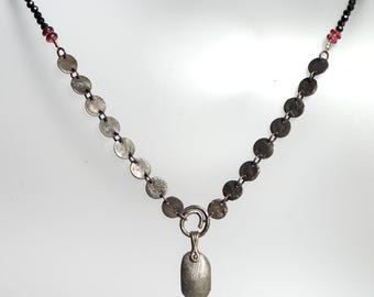 Celestial Necklace with Meteorite Pendant, 22" Silver Moon Chain with Black Spinel and Garnet