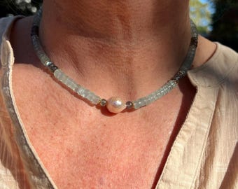 Stormy Sky Necklace with Aquamarine, Labradorite & Pearl