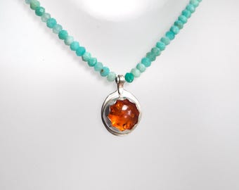 Beachy Baltic Amber Pendant with Amazonite Beaded Necklace and Sterling Silver Toggle Clasp