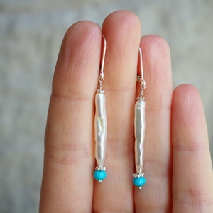 Long Pearl Earrings, Sleeping Beauty Turquoise, White Biwa, Wedding Earrings, Stick Pearl Earrings, Organic Pearl, White Stick Pearl Jewelry image 3