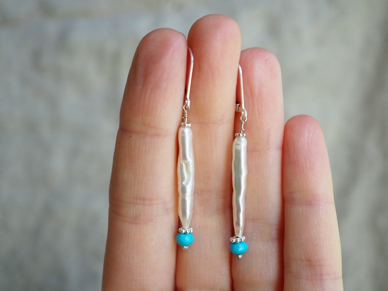 Long Pearl Earrings, Sleeping Beauty Turquoise, White Biwa, Wedding Earrings, Stick Pearl Earrings, Organic Pearl, White Stick Pearl Jewelry image 3