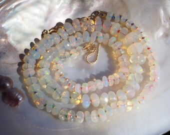 Colorful Ethiopian Fire Opal Necklace Hand-Knotted on Rainbow Silk Graduated Faceted Gemmy Beads 17-18.5" Long with Gold Clasp