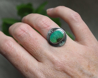 Blue Green Turquoise Ring, Hand Stamped Sterling Silver ~ Size 7.25