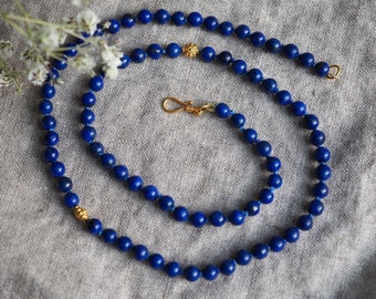 Lapis Beaded Necklace, Gold Lapis Lazuli Necklace, Candy Style Beads, 19” Layer Lapis, 18k Beaded Necklace, Hand Knotted Beads, Luxe Beads