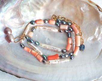 Japanese Momo Coral , White Biwa Pearl and Peacock Pearl Necklace Knotted on Silk , with Gold Clasp