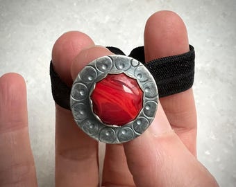Unique Hand Stamped Sterling Silver Decorative Ponytail Holder with Red Rosarita