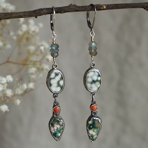 Long Ocean Jasper Earrings, Long Ocean Jasper Drops, Ocean Jasper Drop Earrings, Multi Stone Earrings, Long Drop Earrings, Nature Jewelry image 1