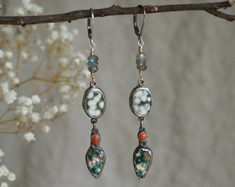 Long Ocean Jasper Earrings, Long Ocean Jasper Drops, Ocean Jasper Drop Earrings, Multi Stone Earrings, Long Drop Earrings, Nature Jewelry