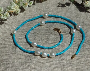 Tiny Turquoise Beads, White Pearl, Turquoise Choker, Thin Turquoise Necklace, Turquoise Heishi Pearl Necklace, Dainty Necklace, Luxe Beads