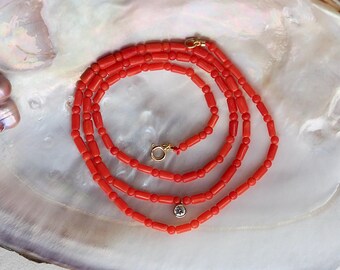 Dainty Natural Red Italian Coral Necklace with 14k Gold White Diamond Charm