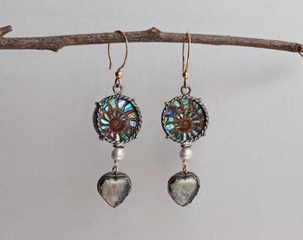Fossil Ammonite Earrings with Crystal Quartz Hearts and Akoya Pearls