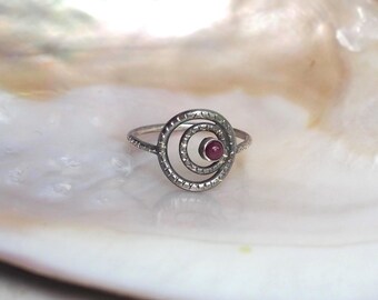 Natural Ruby Sterling Silver Circle Ring, Hand Stamped Celestial Orbit Size 7