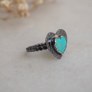 Turquoise Heart Ring, Silver Heart Ring, Stamped Heart Ring, Blue Heart, Kingman Turquoise, Dark Silver Ring, American turquoise, Love Ring image 5