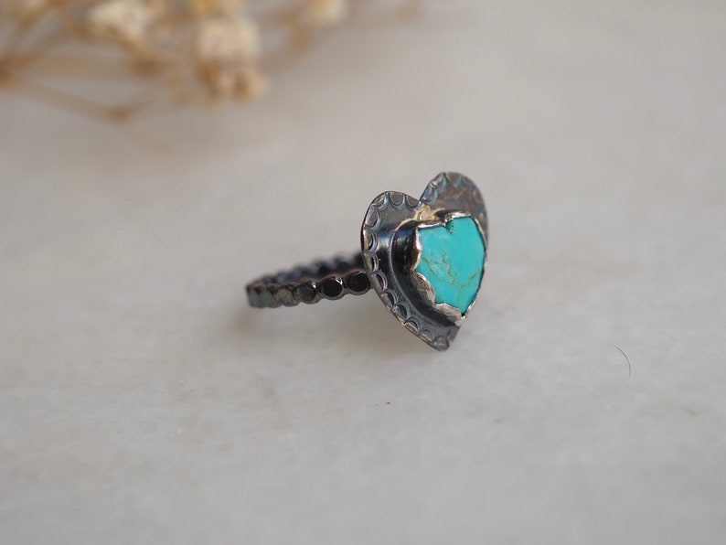 Turquoise Heart Ring, Silver Heart Ring, Stamped Heart Ring, Blue Heart, Kingman Turquoise, Dark Silver Ring, American turquoise, Love Ring image 5